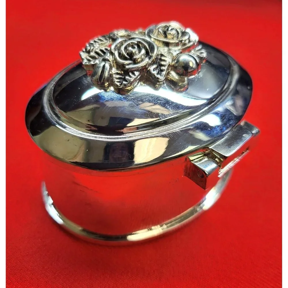 Vintage Silver Plated Roses Hinged Cover Trinket Jewelry Box Red Velvet Lining